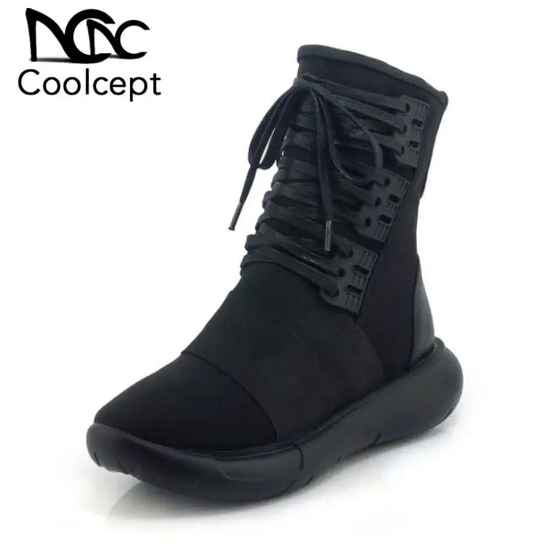 

Coolcept Genuine Leather Comfortable Black Ankle Boots Cross Strap Thick Bottom Club Daily Casual Shoes Woman Botas Size 34-39