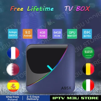

FREE forever TV box Brazil Europe US UK Poland spain TV subscription Android9.0 8000+L1ve FHD Enigma vod adult Sports