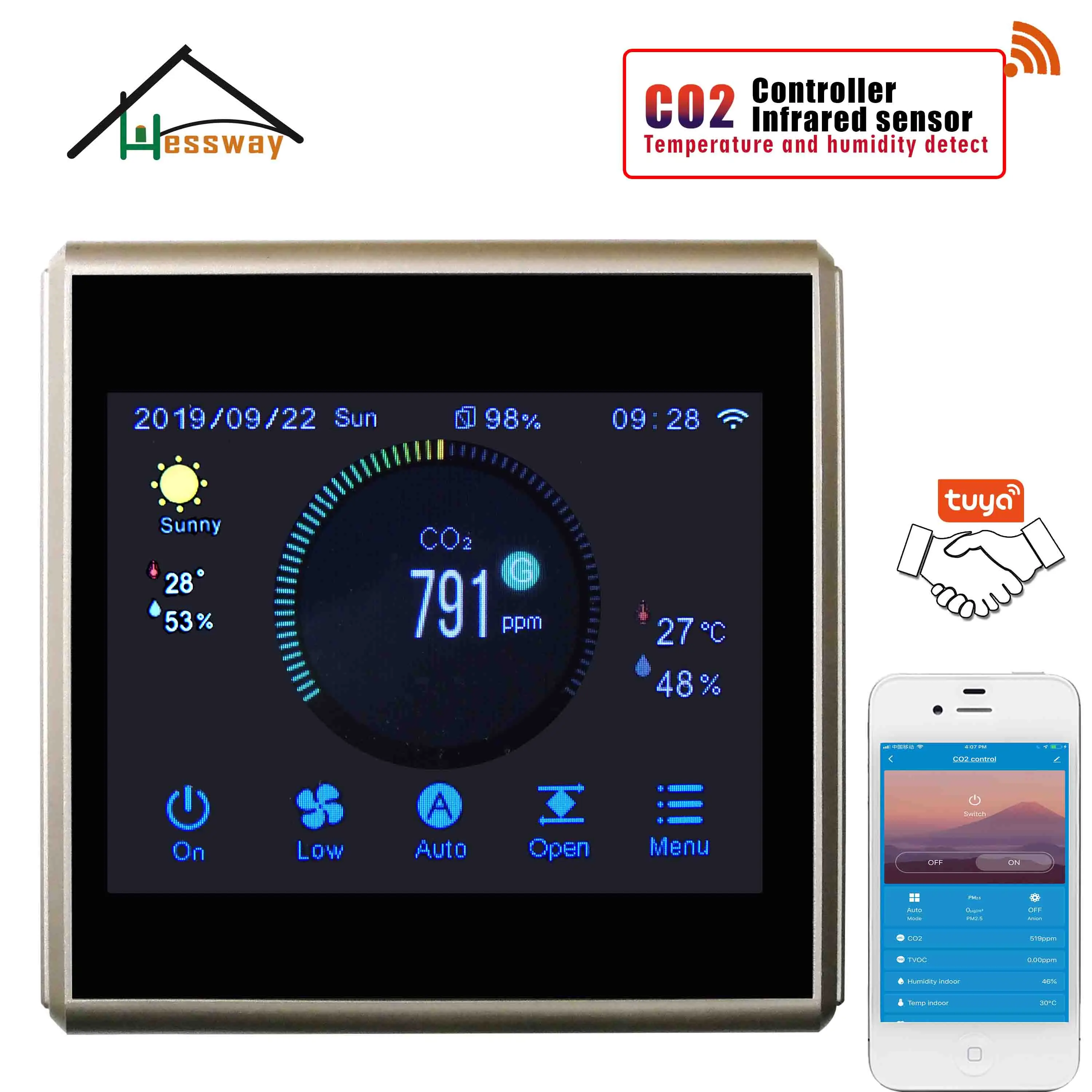 HESSWAY TUYA приложение цветная Сенсорная технология ndir co2 сенсор wifi для системы вентиляции воздуха