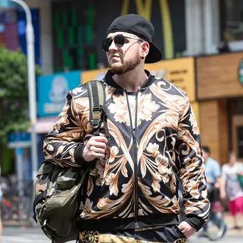 

Plus size men's jacket flight coat stand collar gold print coat wholesale