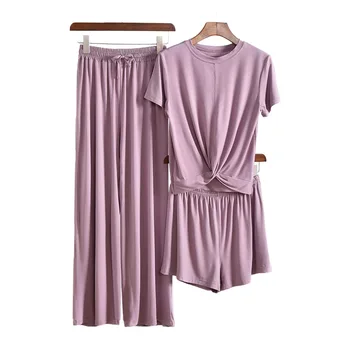 

Pajamas New Fashion Trend Korean Summer Short-sleeved Home Wear Three-piece Knitted Women Casual Comfortable Breathable Loose