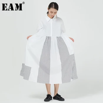 

[EAM] Women Striped Split Big Size Long Shirt Dress New Lapel Short Sleeve Loose Fit Fashion Tide Spring Summer 2020 1T144
