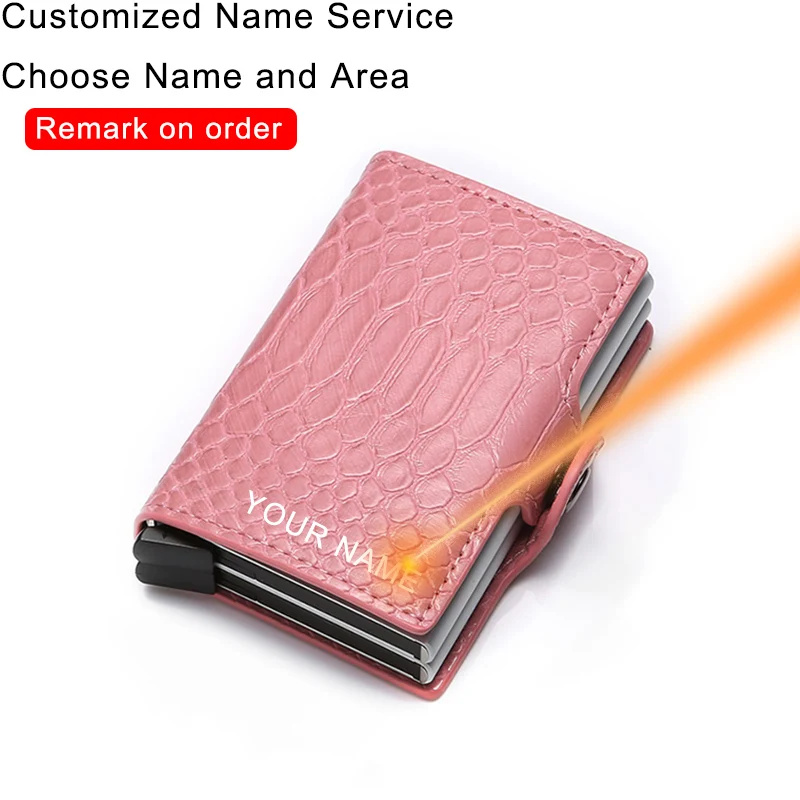 Короткий кошелек Rfid для карт, Змеиный патент, мужская и женская сумка для денег, на застежке, черный кожаный волшебный двойной кошелек, красный маленький смарт-кошелек в три сложения - Цвет: pink(name service)