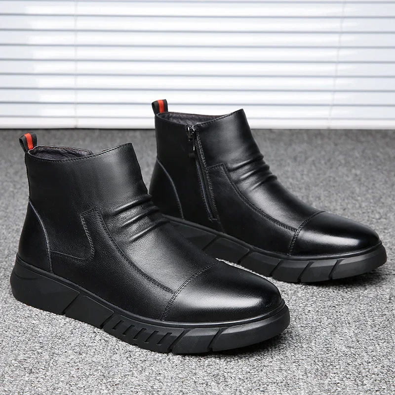 

Fashion Shark Men Martin Boots Autumn And Winter plus Velvet Warm Snow Boots Versatile Trend Cowhide Casual Shoes Men's
