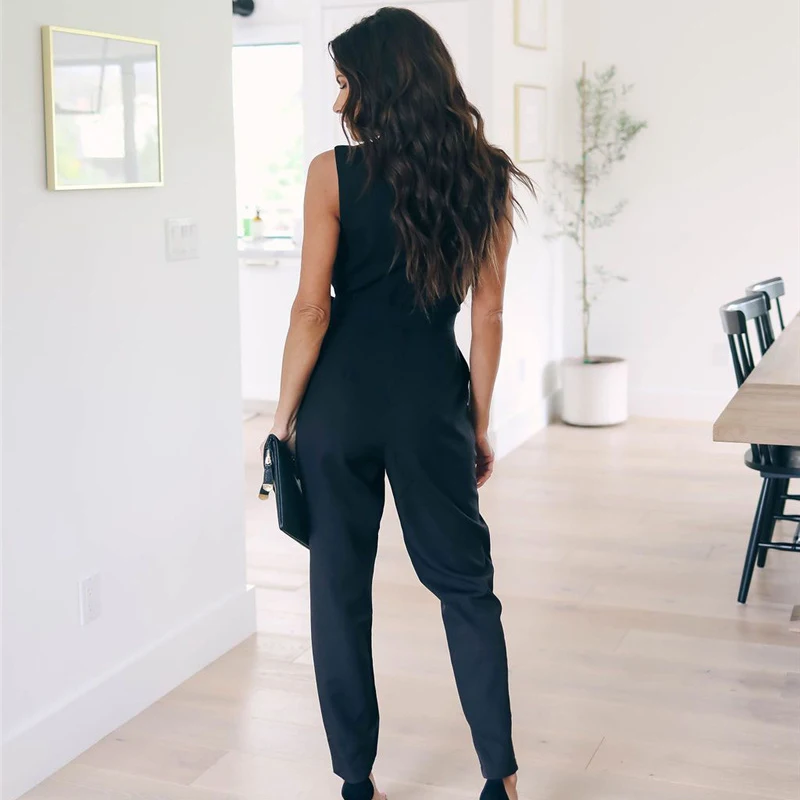 Fashion Lace Women Jumpsuit With Belt Sleeveless 2020 Summer New Casual V-neck Solid Women Black Jumpsuits Fashion Female Pants