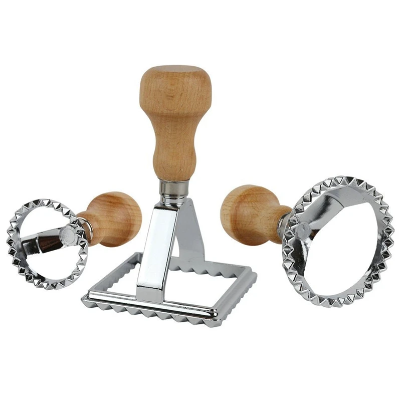 

Dumpling Seal Set Dumpling Machine Cutter Seal 3-Set Round & Square Mold with Wooden Handle and Fluted Edge