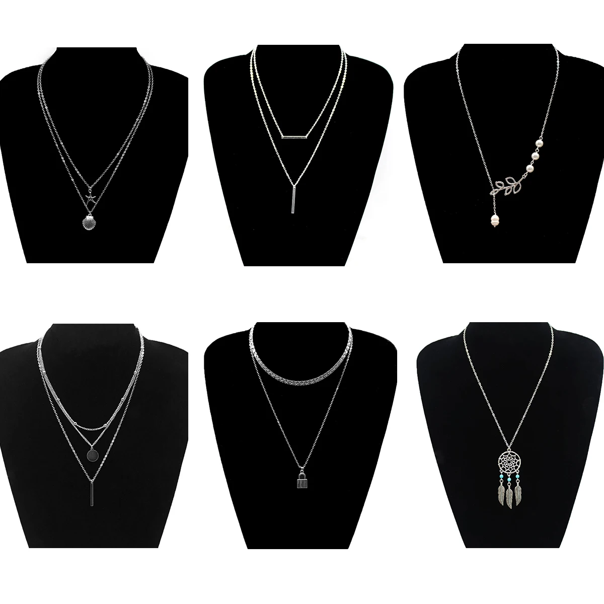 

6 Pcs/ Set Multilayer Silver Color Long Chain Necklace Pendants Women Simple Pearl Lock Shell Clavicle Necklace