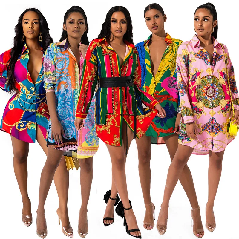 

Dashiki African Clothes Women Sexy Turn-down Collar Print Long Sleeve Dress Autumn Streetwear Sashes Slim Above Knee Dress Part