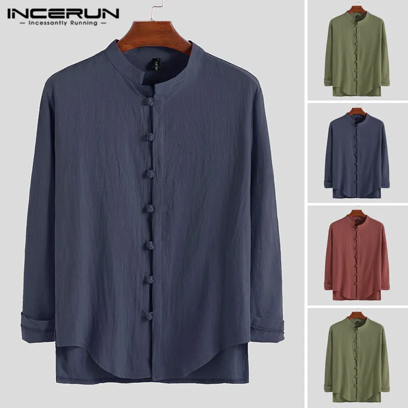 

2019 Chinese Style Men Shirt Vintage Cotton Long Sleeve Button Blouse Solid Tang Suit Stand Collar Camisa Shirts Men INCERUN 5XL