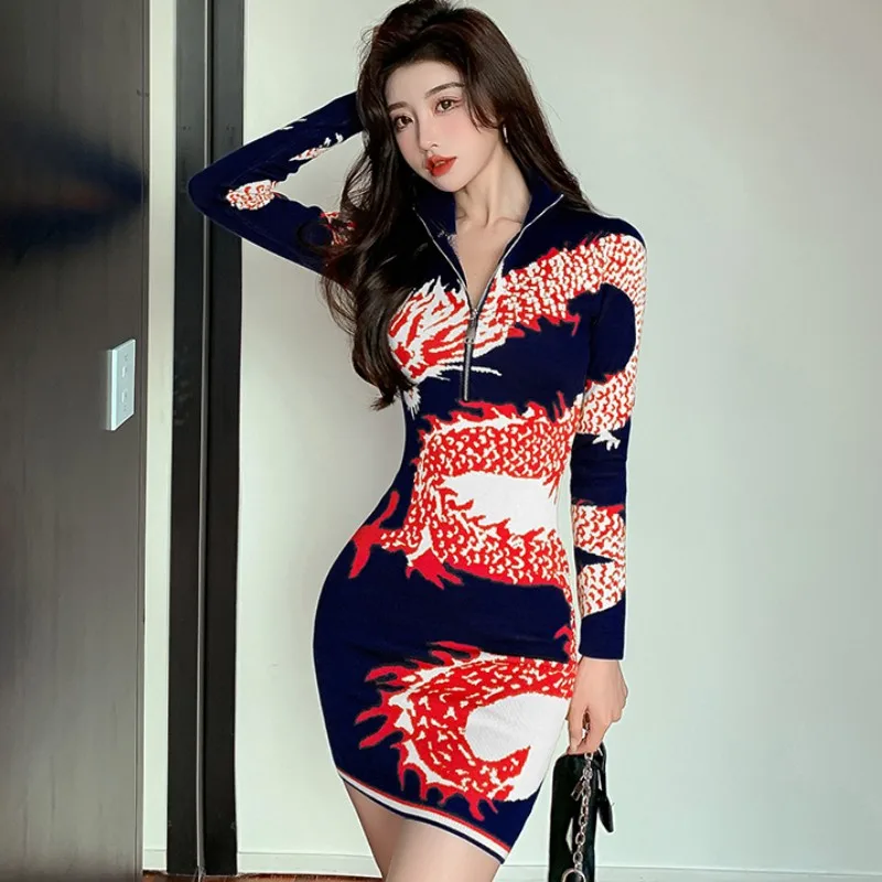 Fashion Runway Women's Zipper Contrast Color knitted Dress Long Sleeve Turtleneck Ladies Elasticity Waist Sweater Mini | Женская