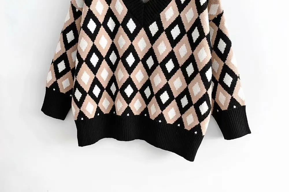 Beste 2019 Vrouwen Spliced Diamond V hals Trui Herfst Winter Gebreide Tops Loose Oversize Pull Trui