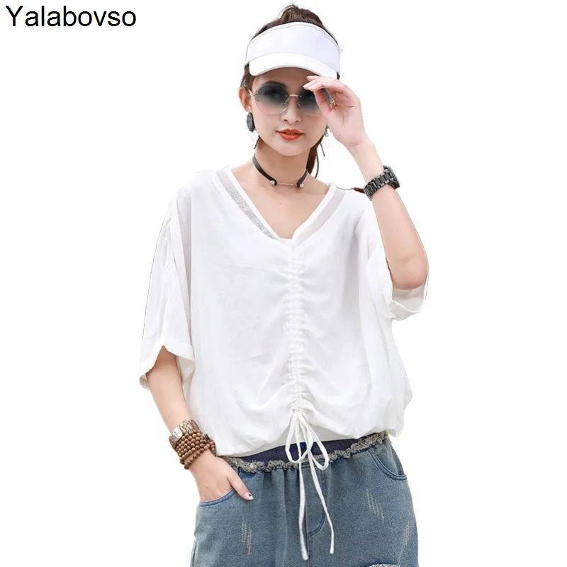 

Chiffon Blouse Women Harajuku Free Size Half Sleeve Tees And Tops 2020 Summer Lace Edge Deep V-neck White Shirt Casual Hip Hop