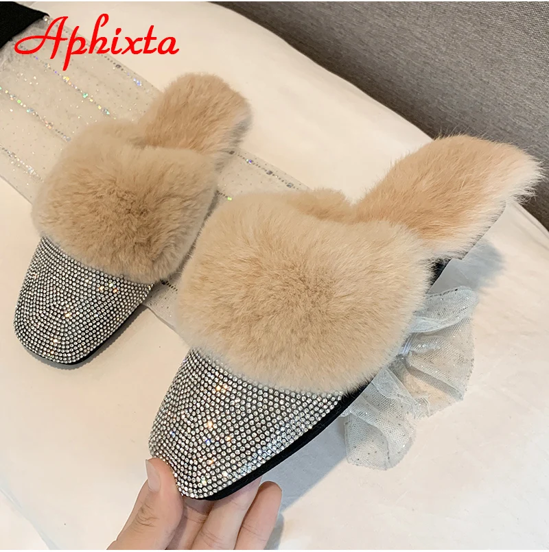 Aphixta/теплые зимние тапочки на натуральном меху; женские шлепанцы с украшением в виде кристаллов; женские пушистые тапочки; женская обувь на плоской подошве с кроличьим мехом