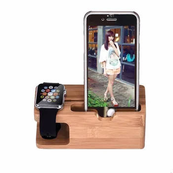

2 in 1 Bamboo Wood Desktop Stand for iPhone iPad Tablet Phone Stand Holder Charger Charging Dock Station for Apple Watch