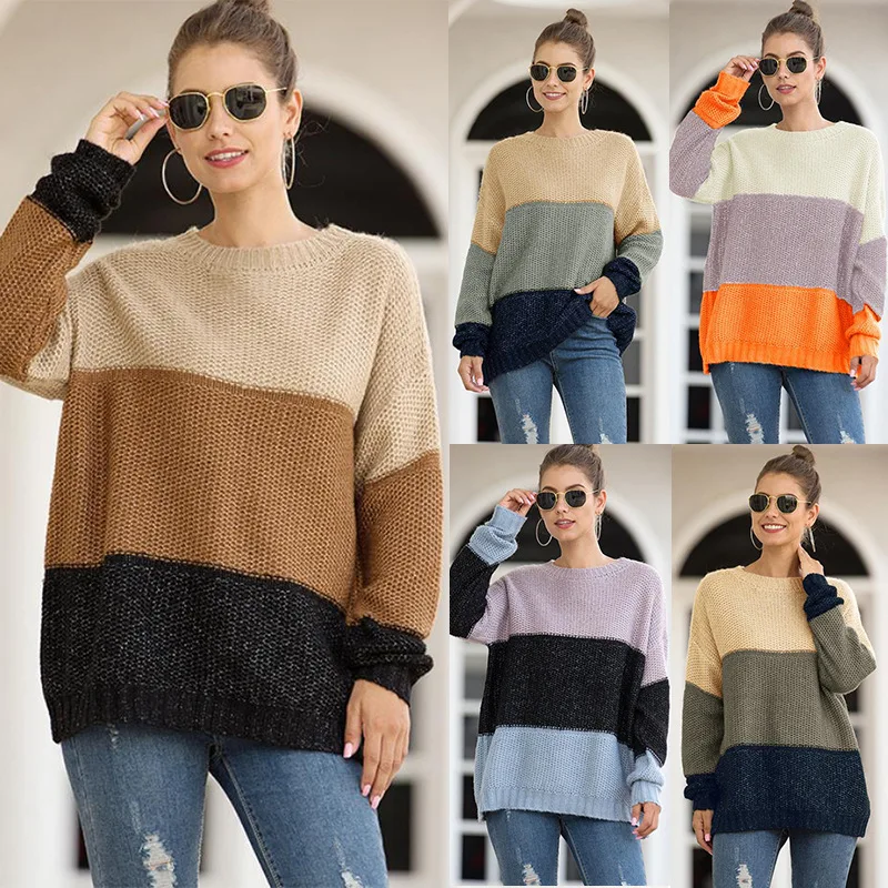 

2020 Autumn and Winter European and American Fashionable Stripe Color Matching Pullover Women's Thick Line Sweater