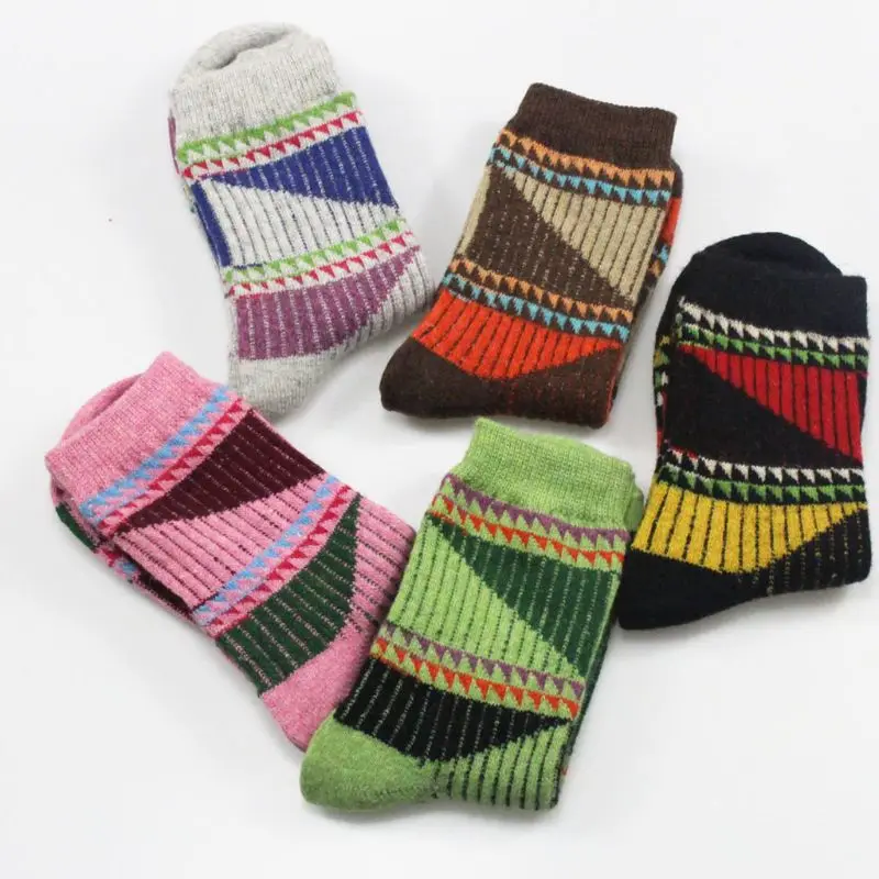 5 пар, женские носки унисекс для девочек, шерстяные теплые зимние толстые винтажные носки с геометрическим принтом