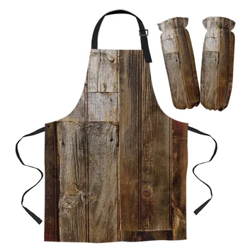 

Retro Wooden Board Brown Women Apron Brief Adult Kids Apron Cuff Oven Mitts Kitchen Baking Cooking Accessories Bib Aprons