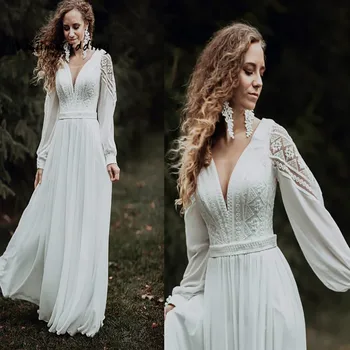 

Simple Civil Boho Wedding Dresses 2020 Elegant Summer Beach Wedding Dress Long Sleeve Full Length Chiffon Cheap Bohemian Bride