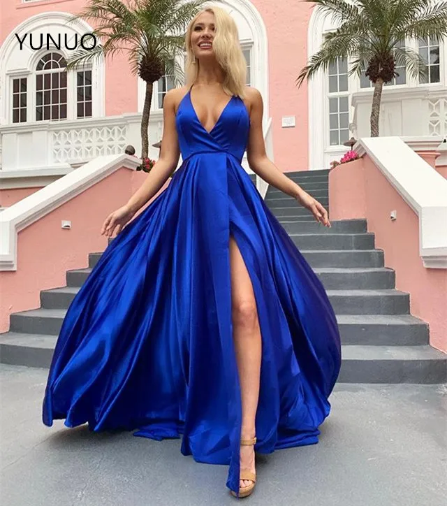 Атласное платье YUNUO с V образным вырезом и лямкой на шее вечерние платья юбкой