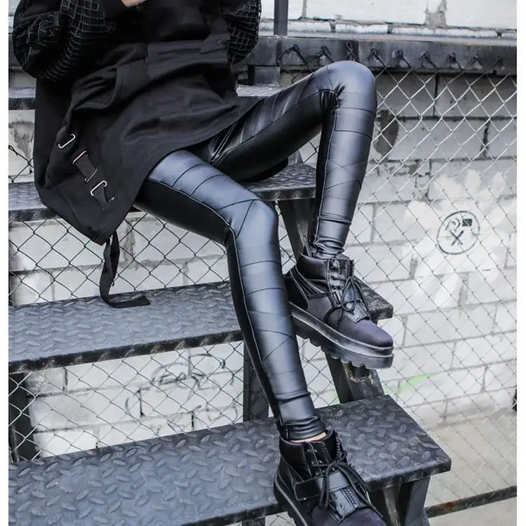 Панк толстый бархат повязки кожаные леггинсы для женщин сексуальные сплайсинга Высокая талия теплые эластичные легинсы и брюки