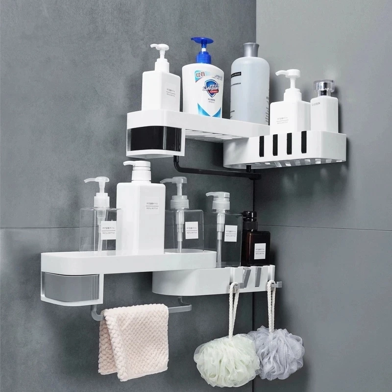 Plastic Corner Shelf Suction Cup Shelf Towel Hooks Shower Wall Mounted Bathroom