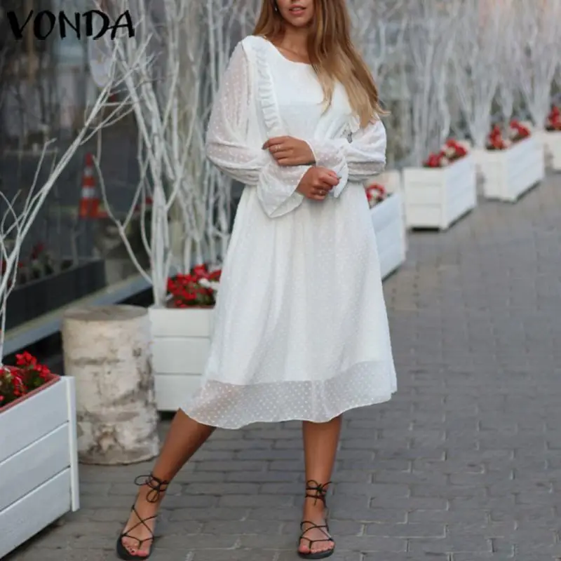 Летнее женское платье в горошек Vestidos VONDA, винтажное повседневное свободное богемное пляжное платье, офисный женский сарафан размера плюс - Цвет: Белый