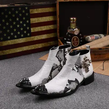 

Luxury Metal Pointed Toe Men Boots Western Cowboy Chelsea Ankle Boots Wedding Photo Studio Dress Trending Men's Boots Size 37-46