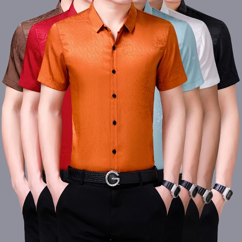 

Mens Floral Shirts New 2020 Summer Silk Clothes Short Sleeve Male Casual Soft Silk Satin Dress Shirt