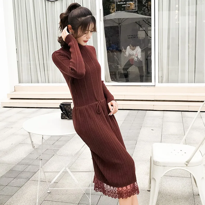 autumn and winter new sweater knit dress lace long sweater Korean fashion pregnant sweater - Цвет: ka fei