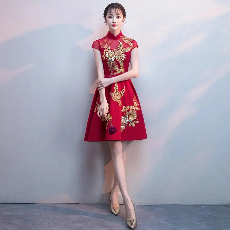 Женское изысканное вышитое китайское платье, воротник-стойка, Cheongsam, Элегантное свадебное платье, кружевное лоскутное платье, халат De Soiree - Цвет: burgundy short