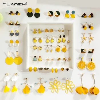 

HUANZHI 2019 New Summer Yellow Metal Geometric irregular Acrylic Acetate Earrings Sets for Women Girl Party Travel Gift Jewelry
