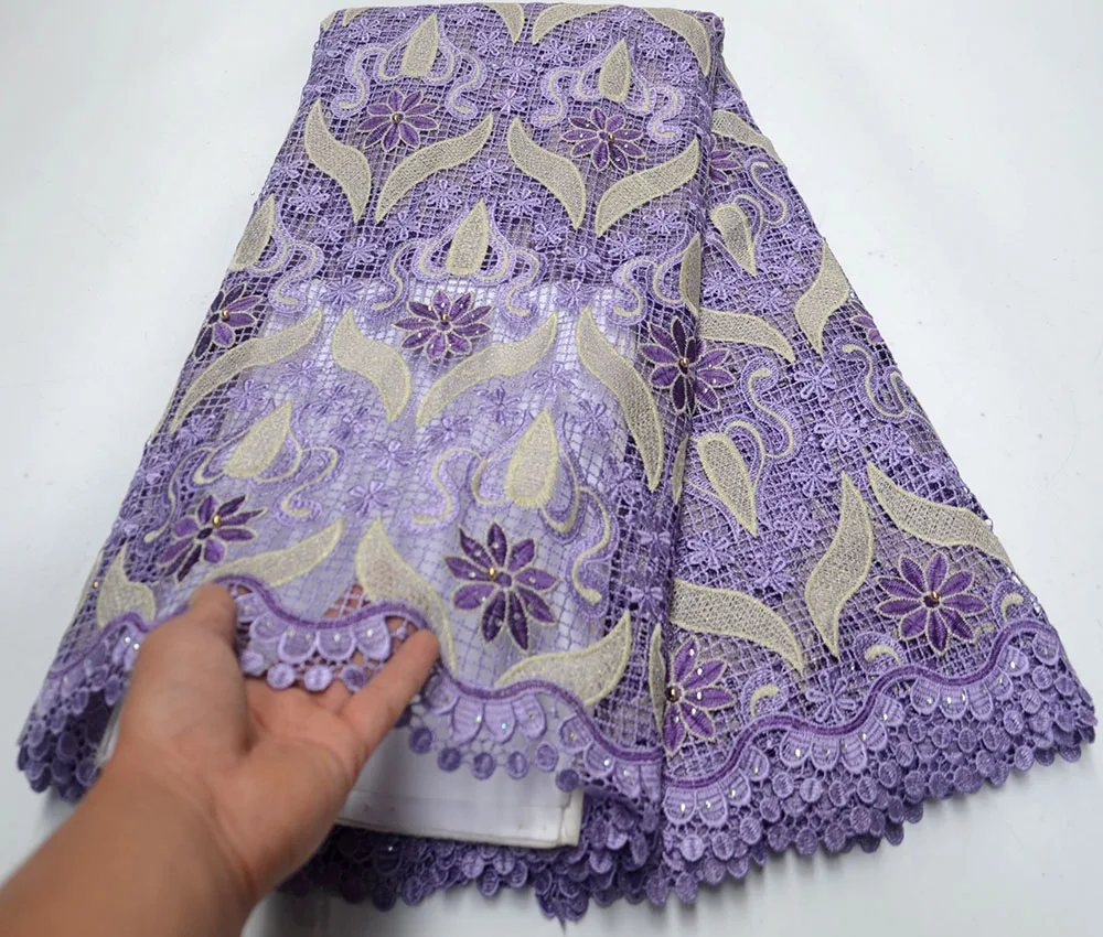 

Lilac color Big heavy African Guipure lace very neat embroidery Nigerian cord lace fabric with strong stones high quality 5 yards