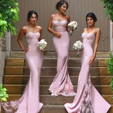 12214 кожа-розовый возлюбленной Русалка/Труба длиной до пола спандекс Длинные Аппликации платья подружек невесты/Формальные платья