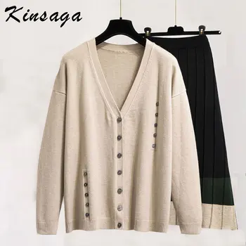 

Korean Style Knitted Women 2 Piece Set Winter V-neck Long Sleeve Buttons Sweater Cardigans + Contrast Pleated Long Skirts Suits