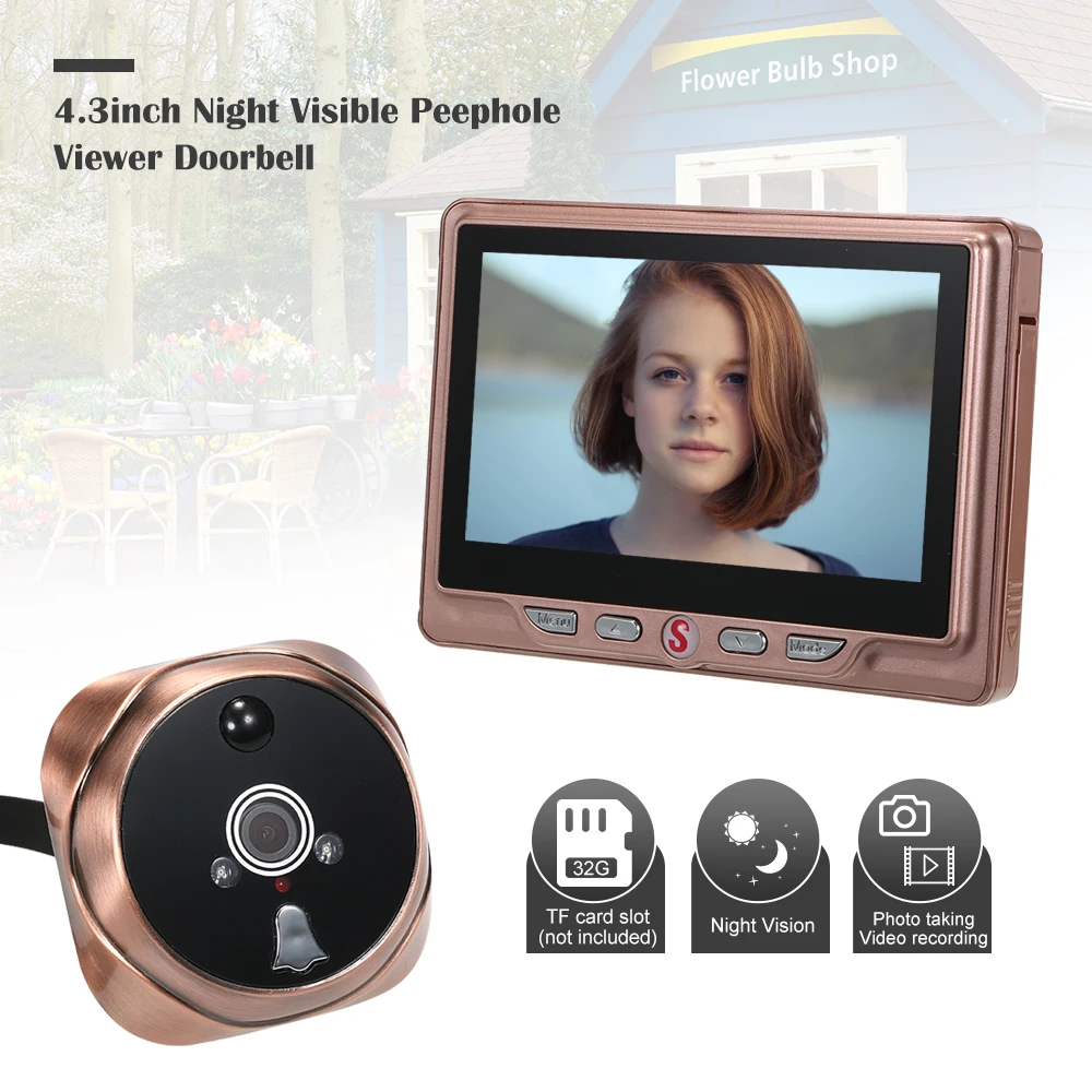 

4.3inch Night Visible Peephole Viewer Doorbell Battery Operated(Built-in) Door Viewer 120 Degree Angles Door Bell Ring