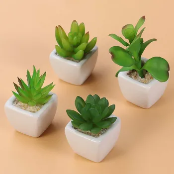 

4PCS Decorative Faux Succulent Mini Simulation Fake Green Plants in White Square Pots