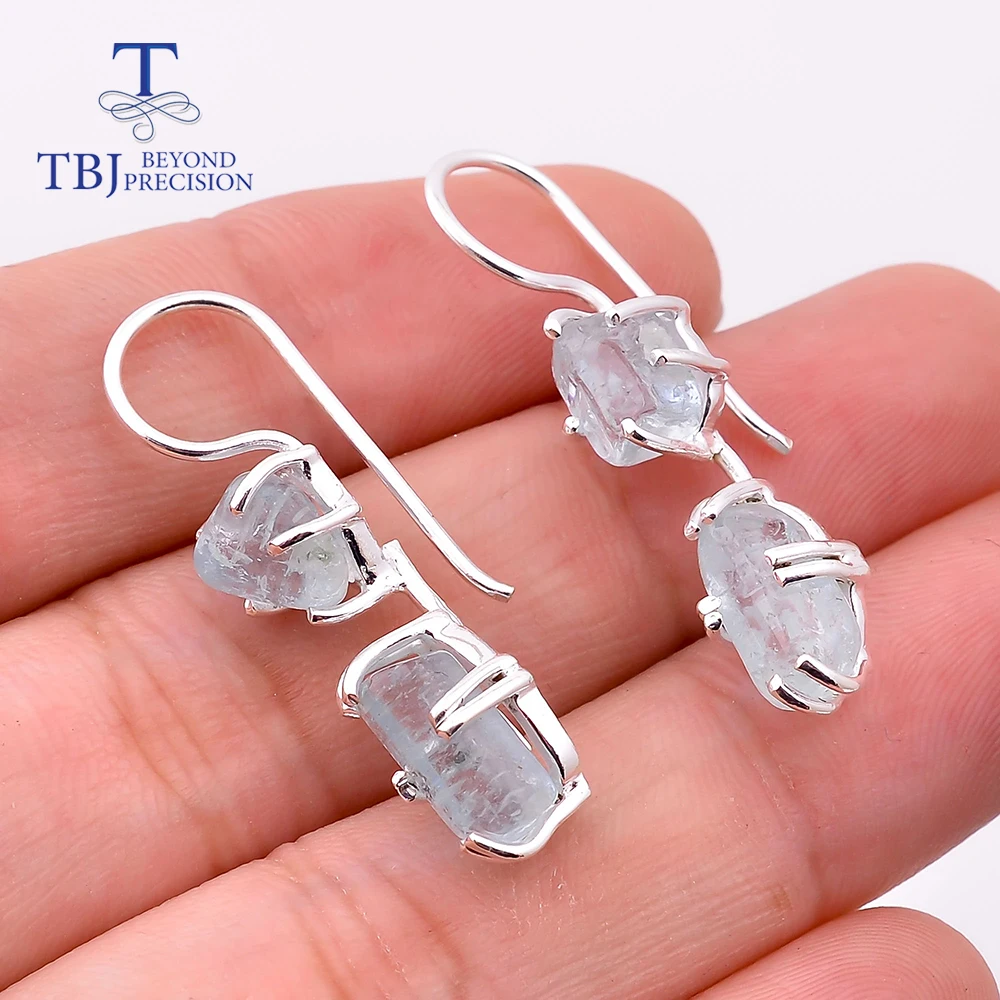 TBJ-925 Sterling Silver Handmade Natural Aquamarine Brinco,