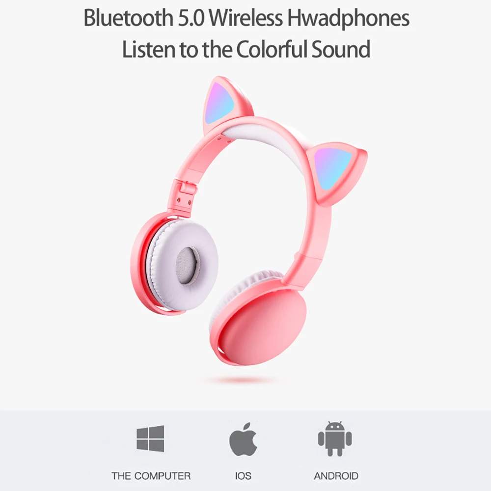 Новинка, светодиодный, беспроводные наушники, Bluetooth 5,0, стерео, кошачьи наушники, Hi-Fi, звуковая игра, мигающие, светящиеся, для телефонов с микрофоном