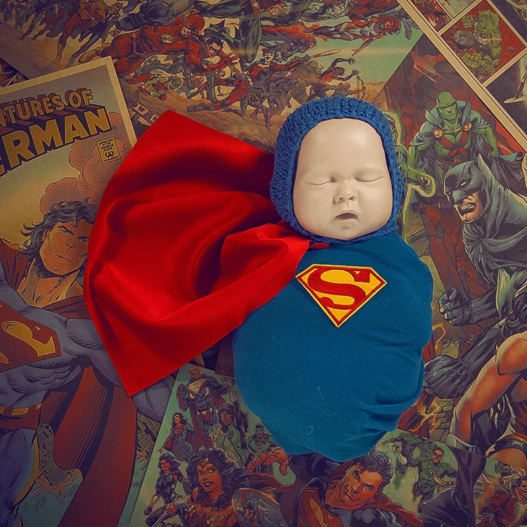 Newborn Photography Props Handsome Boy Superman Theme Hat Wrap Red Cloak Photography Props Background  Studio Photos