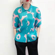 2021 Summer Female Polos Miyake Pleated Shirt Button flare Tops Plus Size Korean Fashion Beach Kimono Boho Aesthetic Clothes
