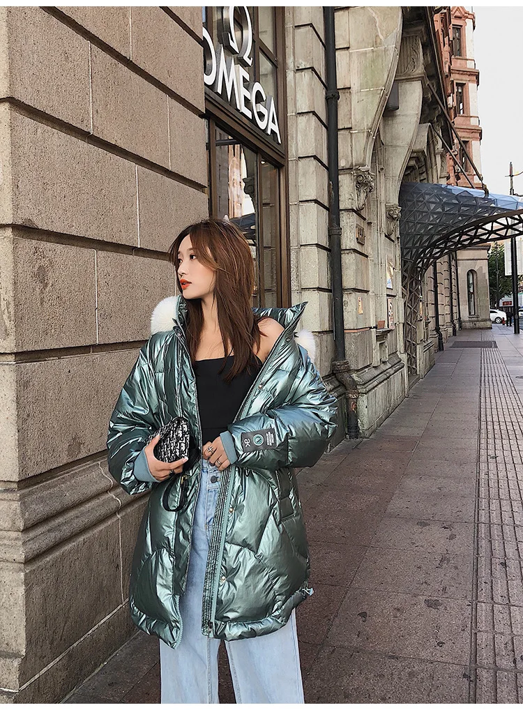 Женский пуховик для фотосессии,, стиль, яркая поверхность, зима, корейский стиль, свободный, толстый, средней длины, лиса, большой меховой воротник, нет