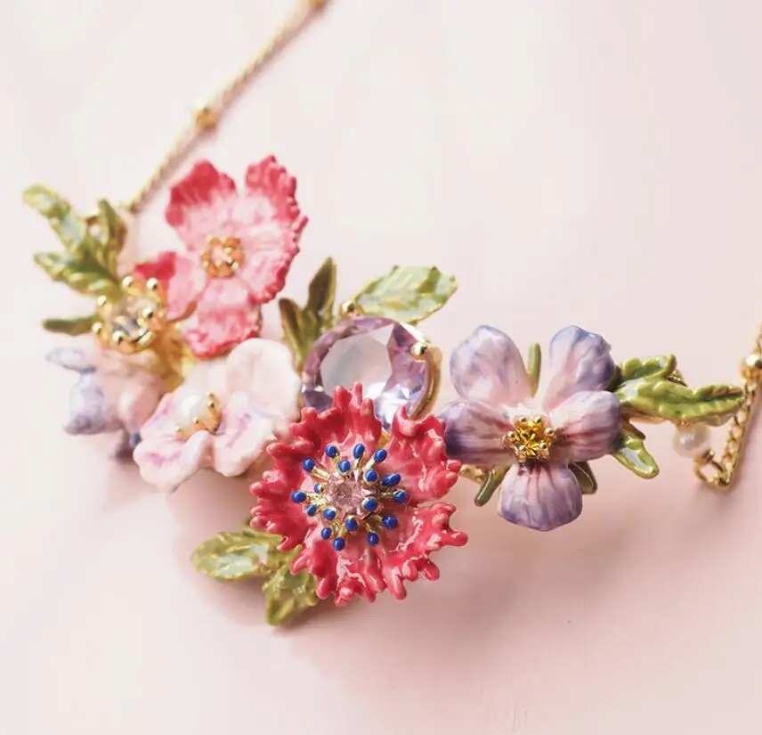 Глянцевое покрытие цветы анютины глазки драгоценный камень ожерелье в виде орхидеи Для женщин ювелирные изделия