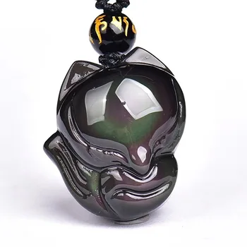 

2019 Natural gold meteorite rainbow obsidian fox pendant for men women gold obsidian pendant Necklace with beads chain