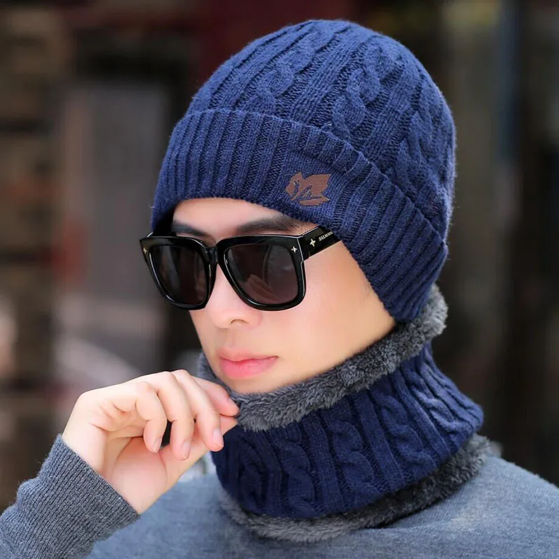 Navy Модная мужская теплая зимняя шапка, шарф, набор Beanie вязанные шапочки Skullies Beanies мягкая Балаклава шапка для женщин кленовый лист вязаные шапки - Цвет: Navy