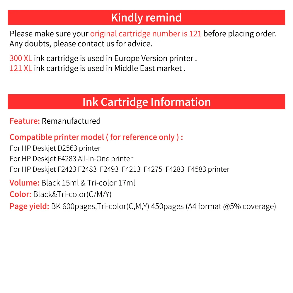 HWDID 121 заправленный картридж Замена для hp XL Deskjet D2563 F4283 F2423 F2483 F2493 F4213 F4275 F4583|replacement