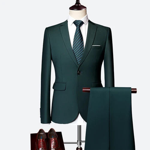 green 2PCS Классический мужской костюм, набор,, высокое качество, подгонянный, сплошной цвет, тонкий, деловой костюм, жених, свадебная одежда, высокое качество, смокинг/2 шт - Цвет: green 2PCS
