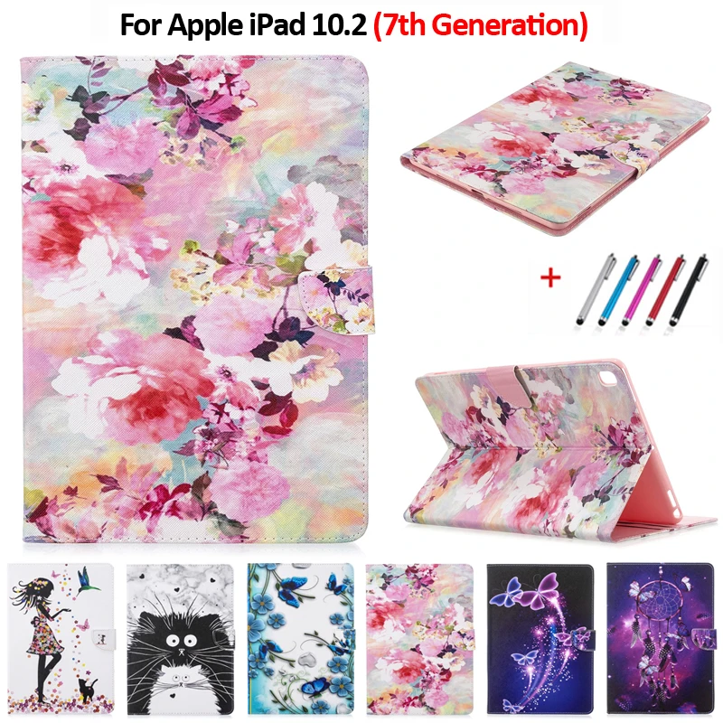 Кожаный чехол книжка для планшета iPad 10 2 2019 умный девочек с котом и цветочным