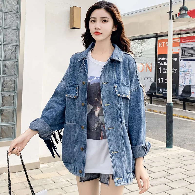 Moto Biker female spring jean jacket Punk Boho Tassel Embroidery Denim Jacket Women Blue Loose Rivet Pocket Oversize