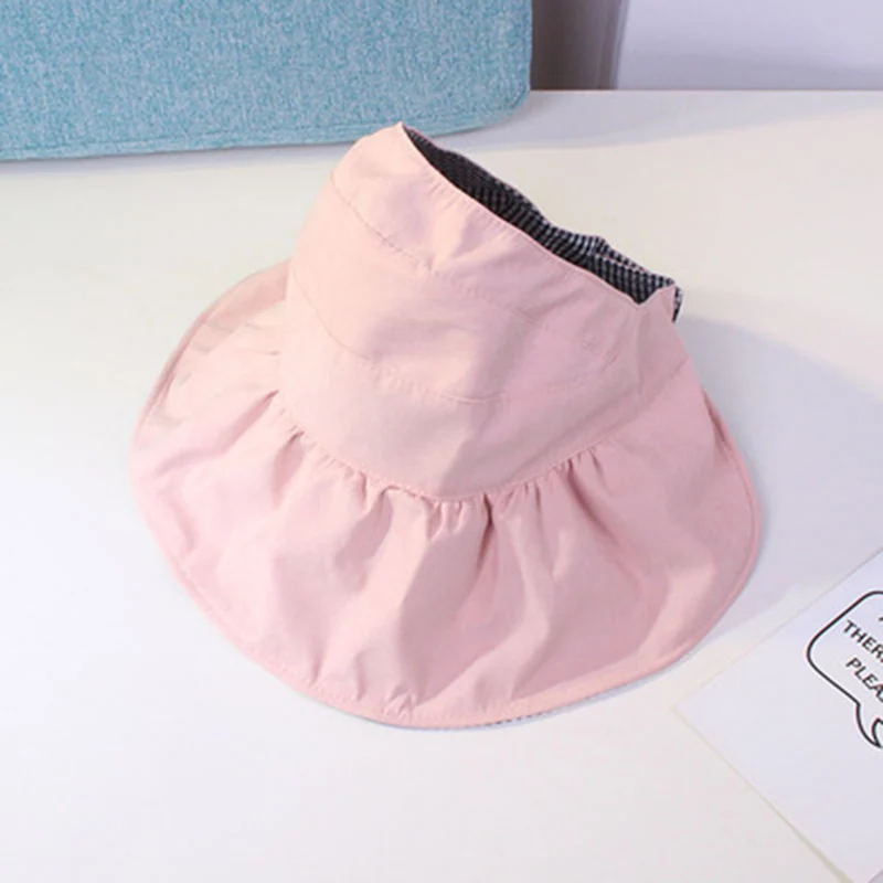 Pink Модная однотонная шляпа в клетку для девочек, Повседневная пляжная шляпа с широкими полями для детей, летний Свободный Топ, Складывающийся козырек, Кепка - Color: Pink