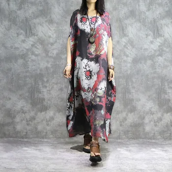 

Women Vintage Printed Ramie Long Dress 2020 Literary Retro Round Neck Bat Sleeve Loose Long Vestido Dress Robe